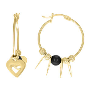 10kt 10k Yellow Gold Womens Heart Black Beaded Hoop Earrings